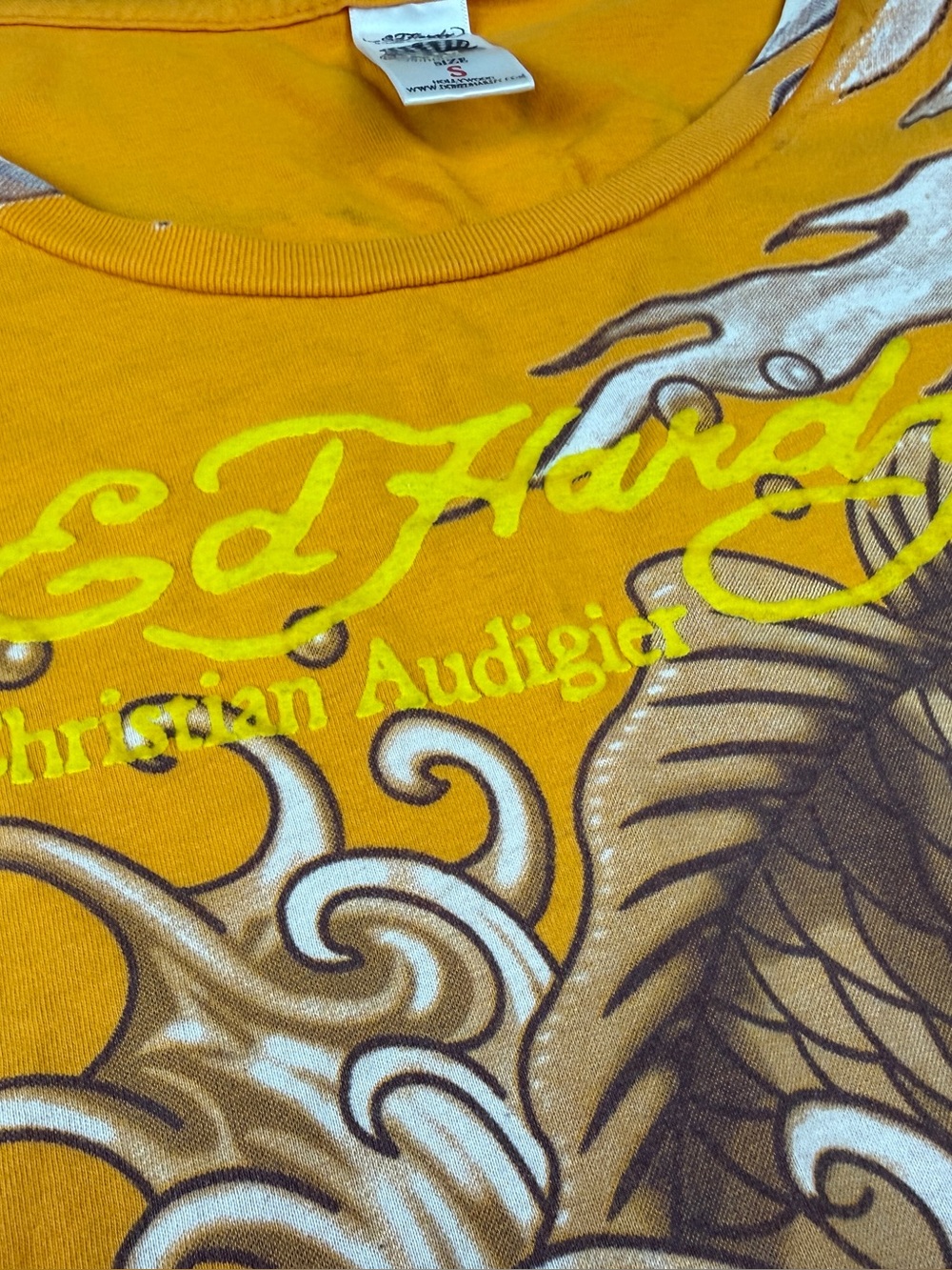 ED HARDY TATTOO SHEER MESH SLEEVE~KOI FISH~YELLOW COTTON SHIRT TOP USA Small - Picture 7 of 9
